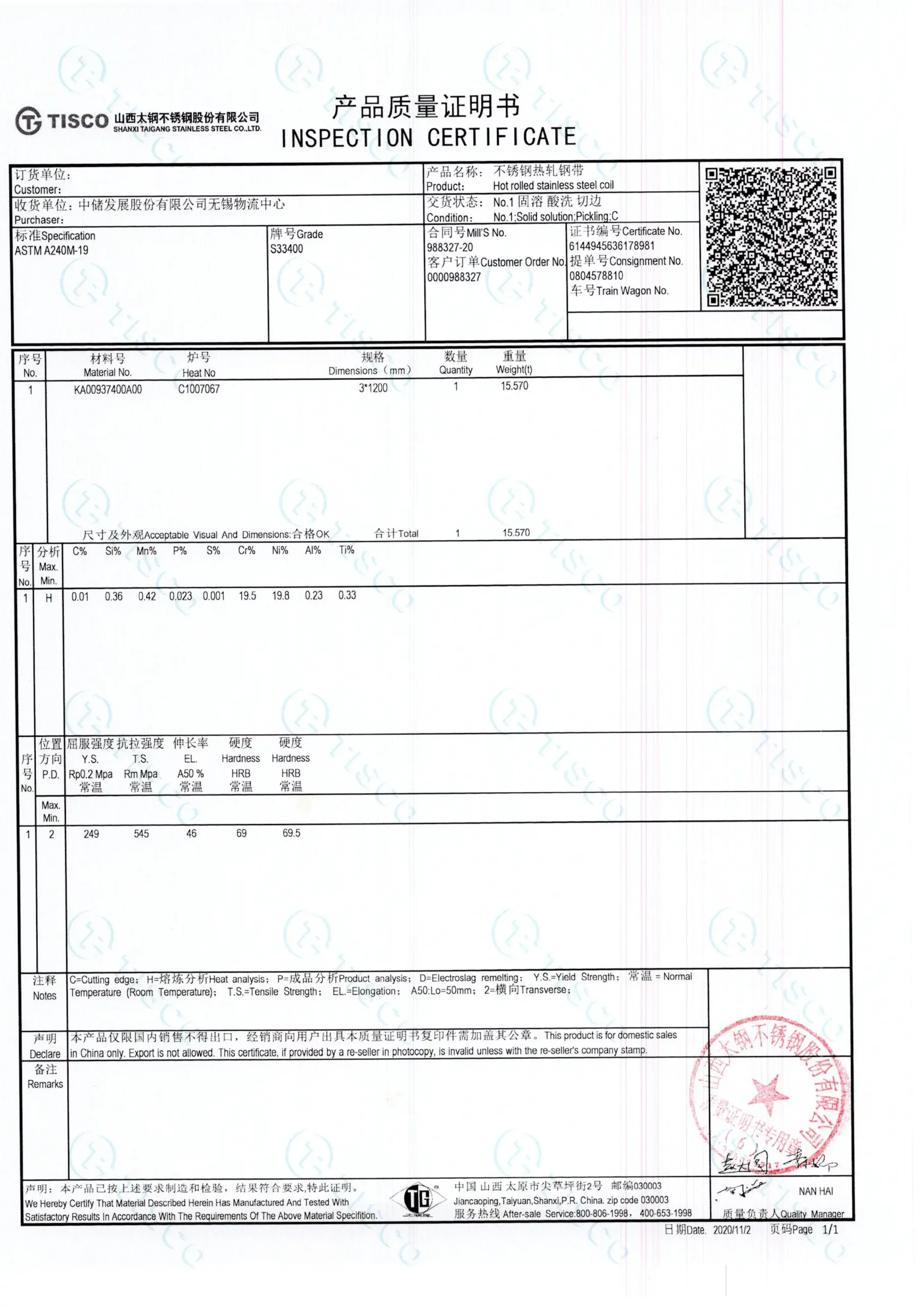 840 s33400 stainless steel tisco inspection certificate